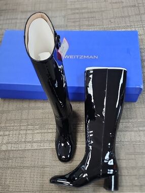 Stuart Weitzman Black Patent Knee Boots with Low Block Heel MAEVE